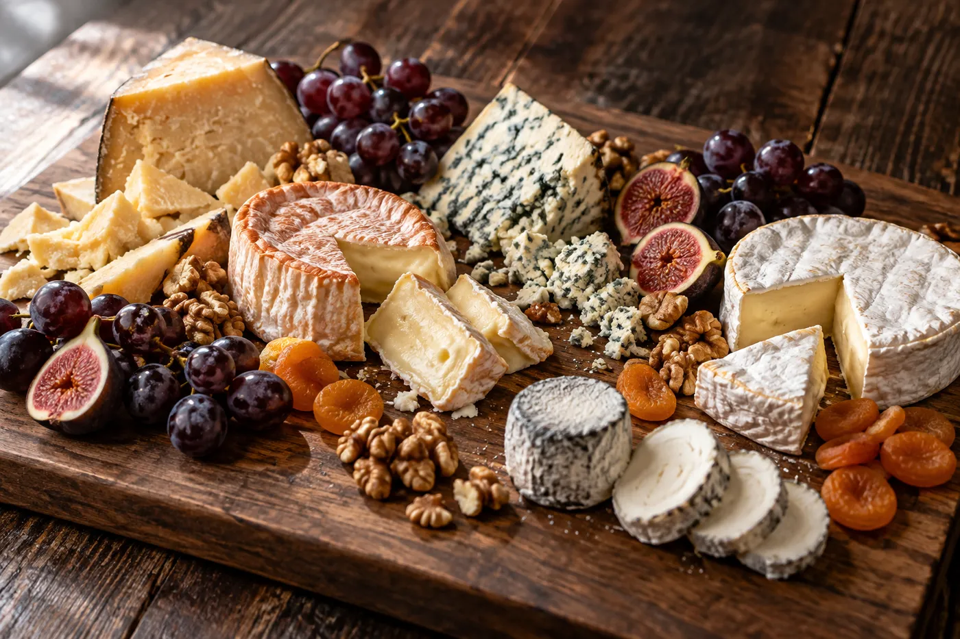 Illustration: große Käseplatte mit Hart-, Weich-, Blauschimmel- und Ziegenkäse, Trauben, Feigen, Walnüssen und Aprikosen
