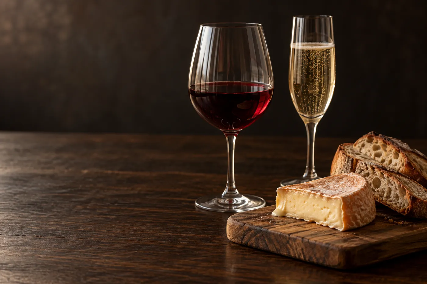 Illustration: ein Glas Rotwein und ein Glas Crémant auf einem dunklen Holztisch, daneben Weichkäse und Brot